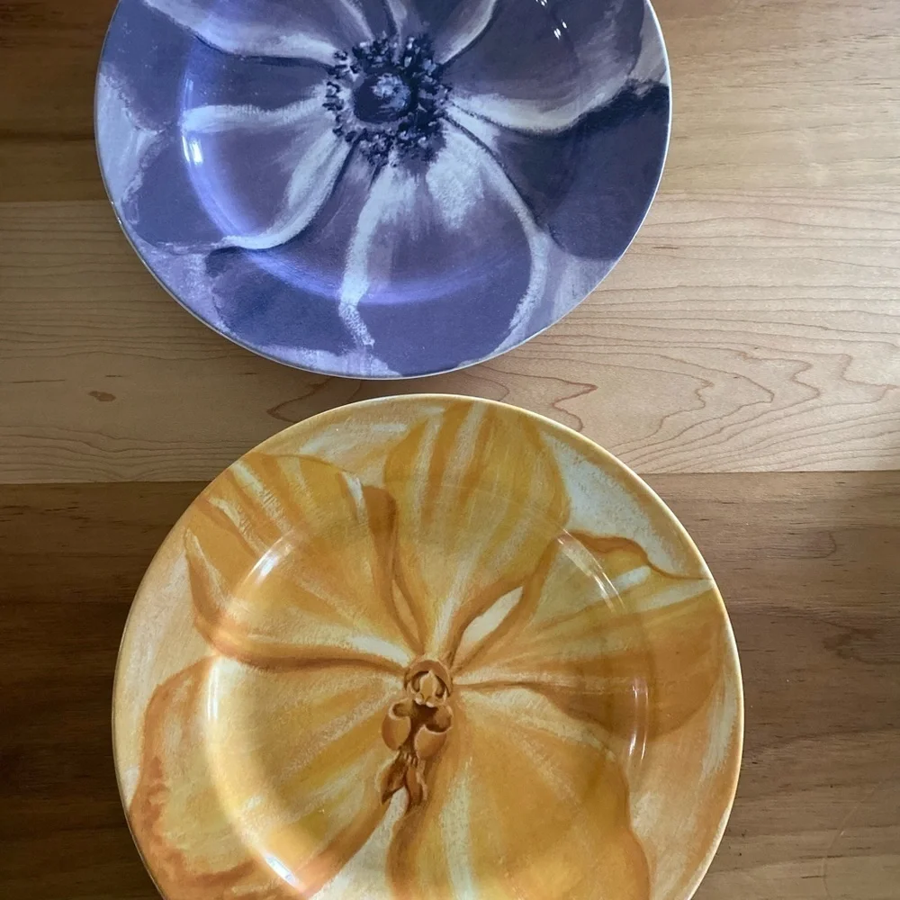 Pier1 Assiettes Watercolor Blooms Purple and Yellow Set Of 2 Ceramic 8”Plates
